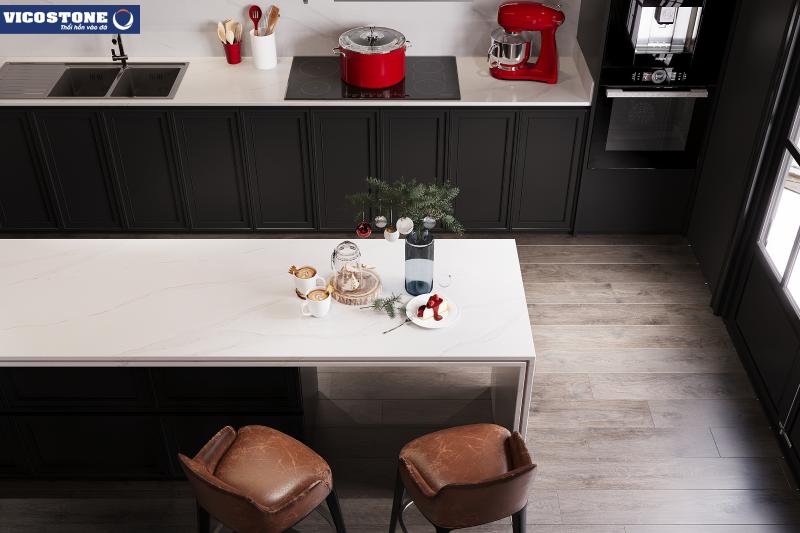 Đảo bếp kết hợp bàn ăn thiết kế đơn giản nhưng giàu sức hút với đá VICOSTONE Bettoglio BQ8800 ốp bề mặt