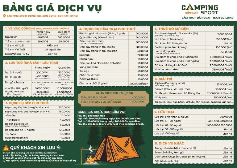Bảng giá dịch vụ tại Camping Sport Đồng Mô cập nhật mới nhất 2022